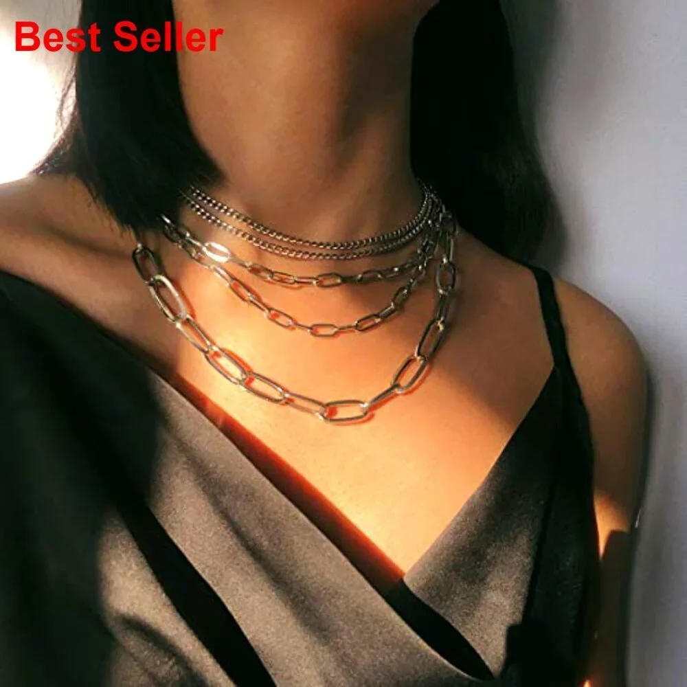 Layered Chain Necklaces Gold Plated Paperclip Chain Silver Tone Choker Punk